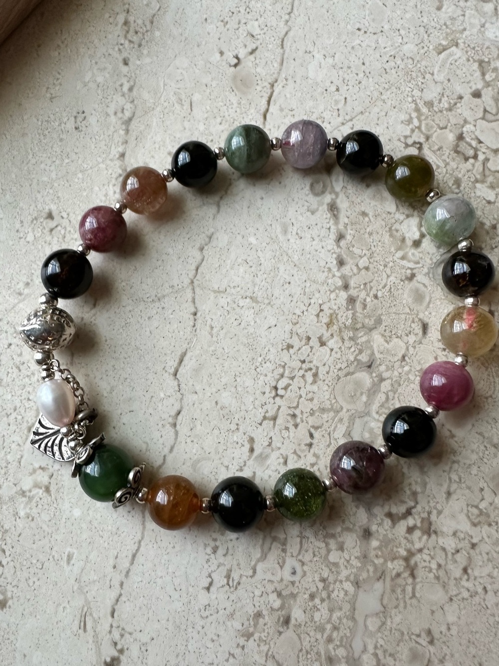 Multicolor Tourmaline & Pearl S925 Silver Bracelet